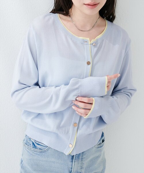 natural couture(ナチュラルクチュール)の「【sherbet line】接触冷感・UVカット付き配色金ボタンカーディガン(ニット/セーター・レディース・ピンク/ベージュ/オフホワイト/ブラック/サックスブルー・FREE)」の15枚目の写真