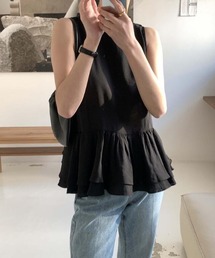ラウンドネックノースリーブブラウス フリル切替 バックボタン