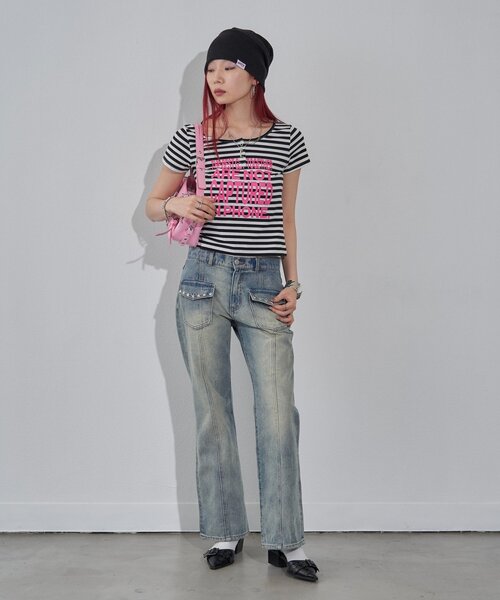 WHO'S WHO gallery（フーズフーギャラリー）の「リングドットヘンリーネックメッセージ TEE（Tシャツ/カットソー・レディース・チャコールグレー/オフホワイト/ピンク/イエロー/ミント・FREE）」の10枚目の写真
