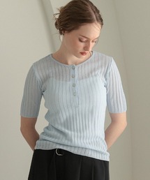 【シアーラメが輝く上品トップス】【pufe】シアーリブヘンリートップス Tシャツ カットソー サマーニット プルオーバー 半袖 ヘンリーネック リブ シアー ラメ クルーネック レイヤード 通勤 通学