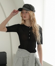 【シアーラメが輝く上品トップス】【pufe】シアーリブヘンリートップス Tシャツ カットソー サマーニット プルオーバー 半袖 ヘンリーネック リブ シアー ラメ クルーネック レイヤード 通勤 通学