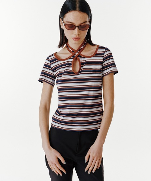 UNUS(ユナス)の「UNUS / Cross Halter Border Top(Tシャツ/カットソー・レディース・グレー系その他/ダークネイビー・FREE)」の2枚目の写真