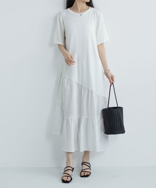 MAISON DE THERESE(メゾン ド テレーズ)の「夏 クルーネック ニット半袖 切り替え アシンメトリー ワンピース(ワンピース・レディース・White/Black・FREE)」の2枚目の写真