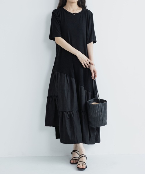 MAISON DE THERESE(メゾン ド テレーズ)の「夏 クルーネック ニット半袖 切り替え アシンメトリー ワンピース(ワンピース・レディース・White/Black・FREE)」の12枚目の写真