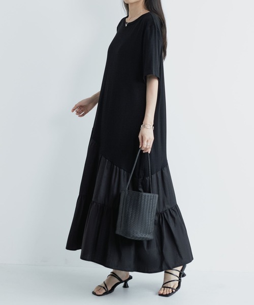 MAISON DE THERESE(メゾン ド テレーズ)の「夏 クルーネック ニット半袖 切り替え アシンメトリー ワンピース(ワンピース・レディース・White/Black・FREE)」の9枚目の写真