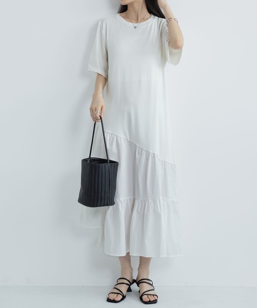 MAISON DE THERESE(メゾン ド テレーズ)の「夏 クルーネック ニット半袖 切り替え アシンメトリー ワンピース(ワンピース・レディース・White/Black・FREE)」の7枚目の写真