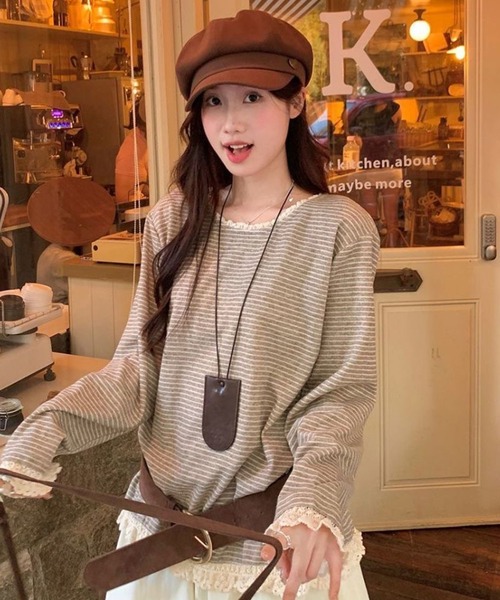 AsheKsha(アシクシャ)の「森系の優しい風のレース付きストライプゆったり長袖トップス(Tシャツ/カットソー・レディース・ベージュ・M)」の1枚目の写真