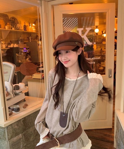 AsheKsha(アシクシャ)の「森系の優しい風のレース付きストライプゆったり長袖トップス(Tシャツ/カットソー・レディース・ベージュ・M)」の5枚目の写真
