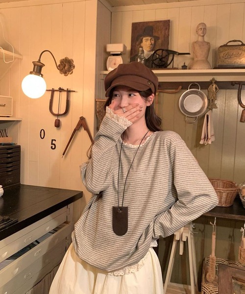 AsheKsha(アシクシャ)の「森系の優しい風のレース付きストライプゆったり長袖トップス(Tシャツ/カットソー・レディース・ベージュ・M)」の8枚目の写真