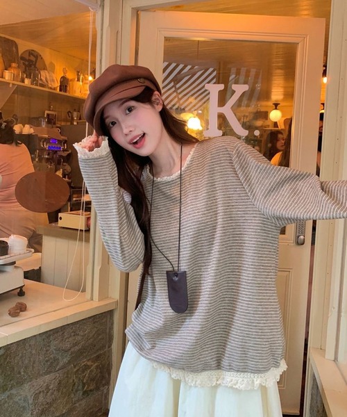 AsheKsha(アシクシャ)の「森系の優しい風のレース付きストライプゆったり長袖トップス(Tシャツ/カットソー・レディース・ベージュ・M)」の10枚目の写真