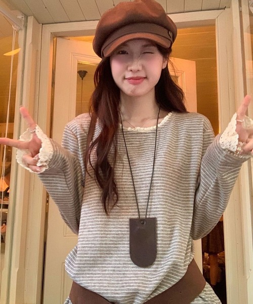 AsheKsha(アシクシャ)の「森系の優しい風のレース付きストライプゆったり長袖トップス(Tシャツ/カットソー・レディース・ベージュ・M)」の11枚目の写真