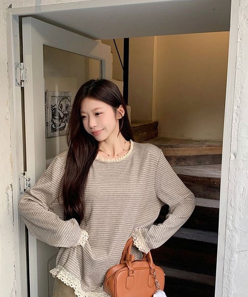 AsheKsha(アシクシャ)の「森系の優しい風のレース付きストライプゆったり長袖トップス(Tシャツ/カットソー・レディース・ベージュ・M)」の15枚目の写真