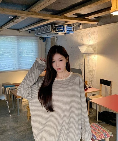 AsheKsha(アシクシャ)の「森系の優しい風のレース付きストライプゆったり長袖トップス(Tシャツ/カットソー・レディース・ベージュ・M)」の16枚目の写真