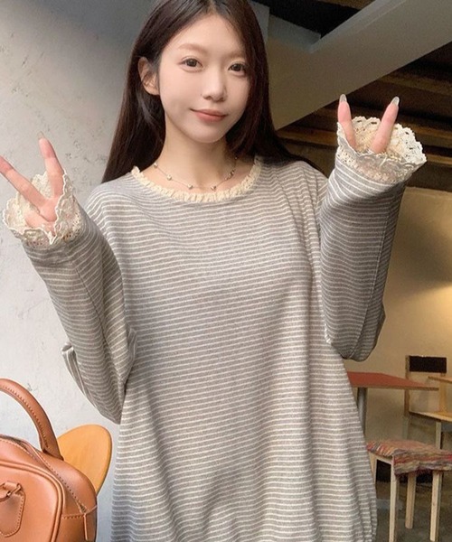 AsheKsha(アシクシャ)の「森系の優しい風のレース付きストライプゆったり長袖トップス(Tシャツ/カットソー・レディース・ベージュ・M)」の18枚目の写真