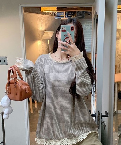 AsheKsha(アシクシャ)の「森系の優しい風のレース付きストライプゆったり長袖トップス(Tシャツ/カットソー・レディース・ベージュ・M)」の19枚目の写真