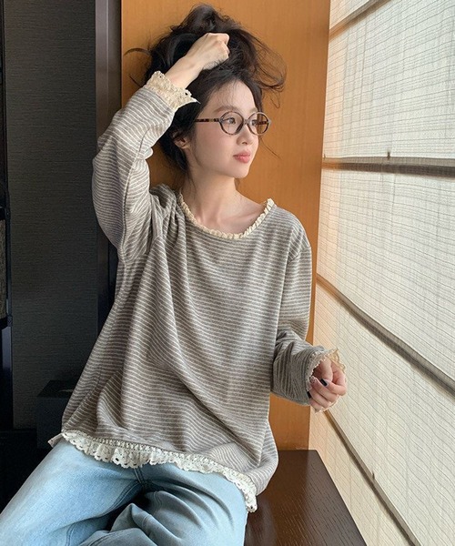 AsheKsha(アシクシャ)の「森系の優しい風のレース付きストライプゆったり長袖トップス(Tシャツ/カットソー・レディース・ベージュ・M)」の22枚目の写真
