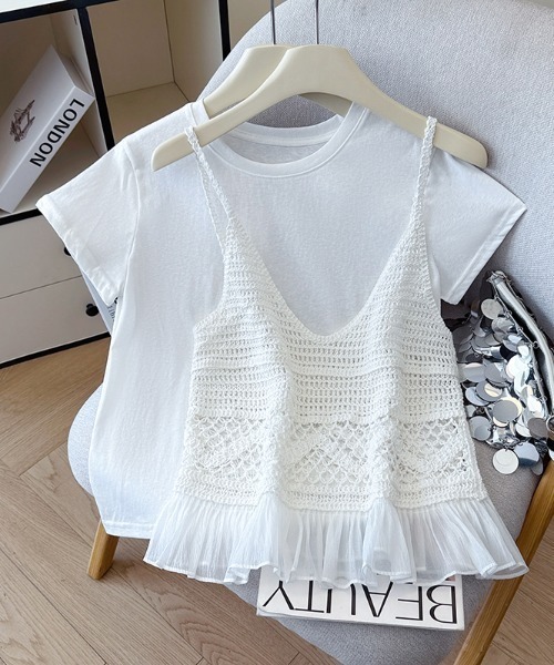 LUCPY（ラクピー）の「クロシェビスチェレイヤードトップスセット（その他トップス・レディース・ホワイト/グレー・SMALL/MEDIUM）」の4枚目の写真