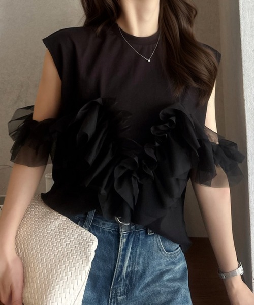 Eclat one（エクラワン）の「【Eclat one】チュール シアー フリル ノースリーブ カットソー（Tシャツ/カットソー・レディース・オリーブ/ブラック/オフホワイト・FREE）」の19枚目の写真