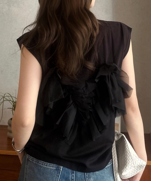 Eclat one（エクラワン）の「【Eclat one】チュール シアー フリル ノースリーブ カットソー（Tシャツ/カットソー・レディース・オリーブ/ブラック/オフホワイト・FREE）」の18枚目の写真