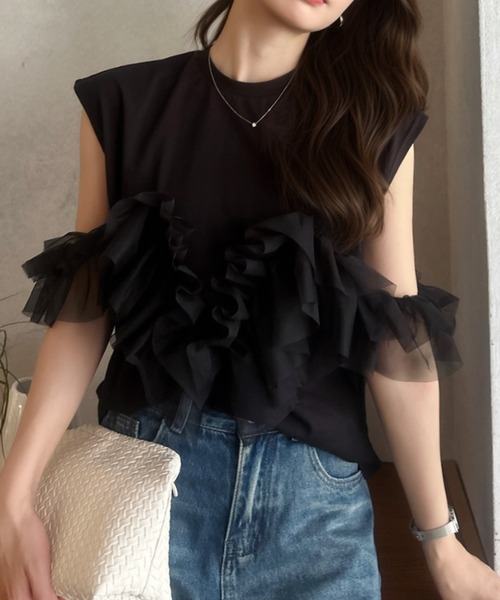 Eclat one（エクラワン）の「【Eclat one】チュール シアー フリル ノースリーブ カットソー（Tシャツ/カットソー・レディース・オリーブ/ブラック/オフホワイト・FREE）」の17枚目の写真