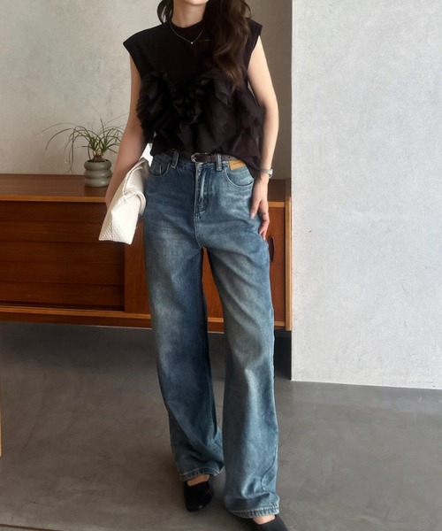 Eclat one（エクラワン）の「【Eclat one】チュール シアー フリル ノースリーブ カットソー（Tシャツ/カットソー・レディース・オリーブ/ブラック/オフホワイト・FREE）」の7枚目の写真