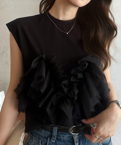 Eclat one（エクラワン）の「【Eclat one】チュール シアー フリル ノースリーブ カットソー（Tシャツ/カットソー・レディース・オリーブ/ブラック/オフホワイト・FREE）」の6枚目の写真