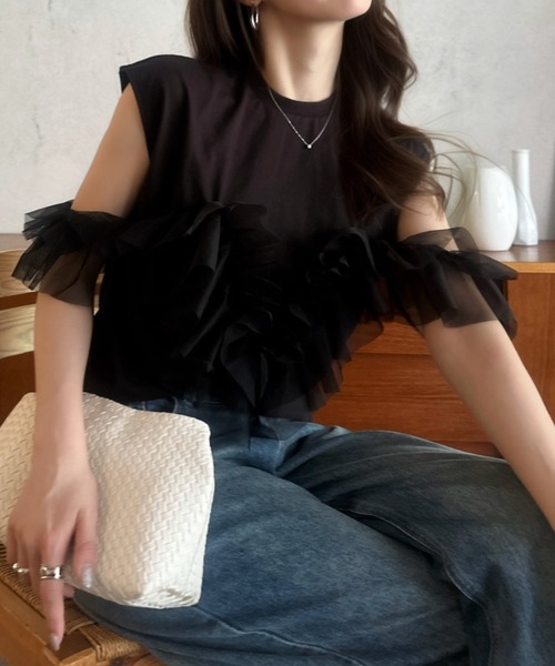 Eclat one（エクラワン）の「【Eclat one】チュール シアー フリル ノースリーブ カットソー（Tシャツ/カットソー・レディース・オリーブ/ブラック/オフホワイト・FREE）」の20枚目の写真