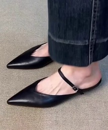 レザー調 Vカット メリージェーン ミュール パンプス