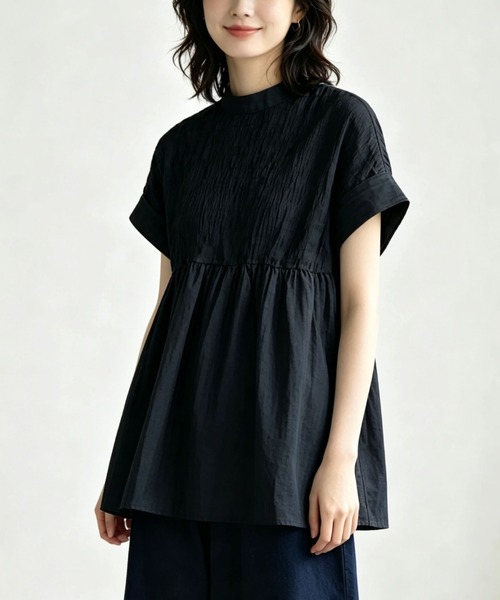 gossip!ロサンゼルス(ゴシップロサンゼルス)の「【2カラー展開】ハイネックシャーリングギャザー半袖チュニック(シャツ/ブラウス・レディース・ブラック/チェック・FREE)」の3枚目の写真