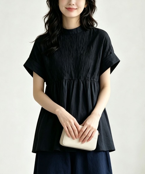 gossip!ロサンゼルス(ゴシップロサンゼルス)の「【2カラー展開】ハイネックシャーリングギャザー半袖チュニック(シャツ/ブラウス・レディース・ブラック/チェック・FREE)」の5枚目の写真
