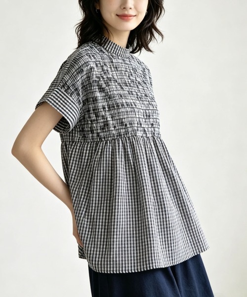 gossip!ロサンゼルス(ゴシップロサンゼルス)の「【2カラー展開】ハイネックシャーリングギャザー半袖チュニック(シャツ/ブラウス・レディース・ブラック/チェック・FREE)」の8枚目の写真
