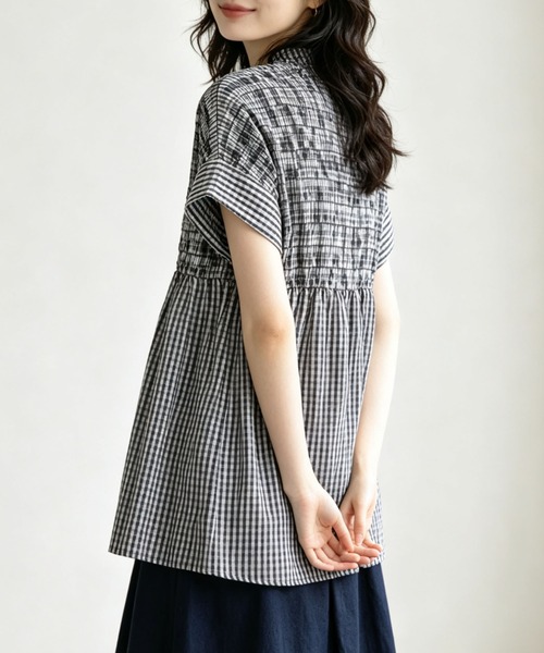 gossip!ロサンゼルス(ゴシップロサンゼルス)の「【2カラー展開】ハイネックシャーリングギャザー半袖チュニック(シャツ/ブラウス・レディース・ブラック/チェック・FREE)」の9枚目の写真