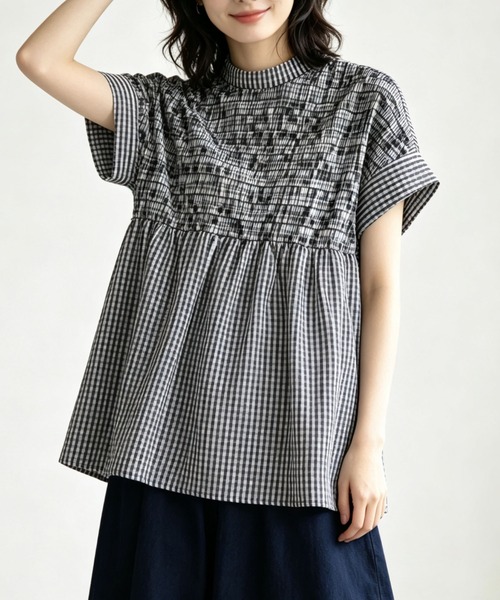 gossip!ロサンゼルス(ゴシップロサンゼルス)の「【2カラー展開】ハイネックシャーリングギャザー半袖チュニック(シャツ/ブラウス・レディース・ブラック/チェック・FREE)」の11枚目の写真