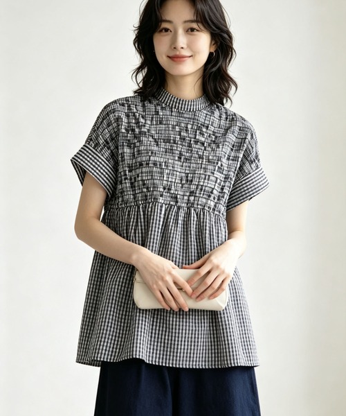 gossip!ロサンゼルス(ゴシップロサンゼルス)の「【2カラー展開】ハイネックシャーリングギャザー半袖チュニック(シャツ/ブラウス・レディース・ブラック/チェック・FREE)」の12枚目の写真