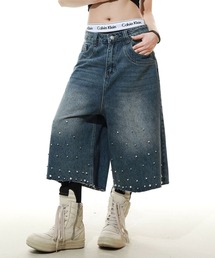 パールスタッズワイドデニムハーフパンツ