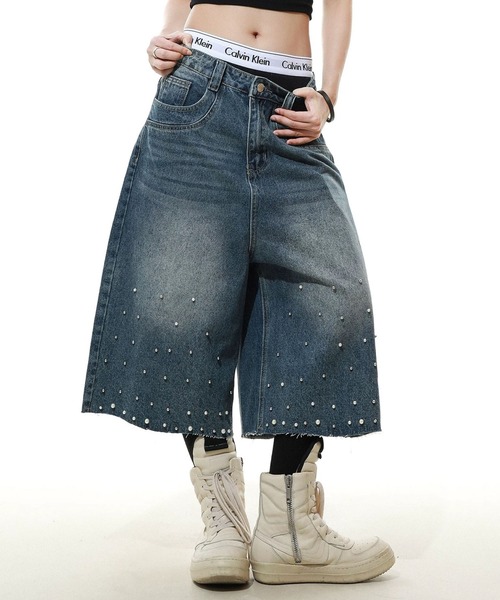 mushwear(マッシュウェア)の「パールスタッズワイドデニムハーフパンツ(デニムパンツ・メンズ・ブルー・X-LARGE/XX-LARGE/SMALL/MEDIUM/LARGE)」の2枚目の写真