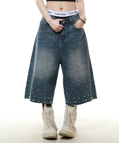 mushwear(マッシュウェア)の「パールスタッズワイドデニムハーフパンツ(デニムパンツ・メンズ・ブルー・X-LARGE/XX-LARGE/SMALL/MEDIUM/LARGE)」の3枚目の写真