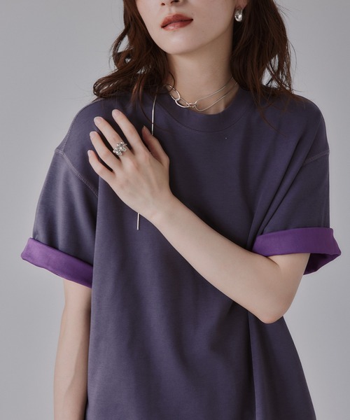 210nouve(トゥージュヌーブ)の「バイカラー ロールアップ Tシャツ(Tシャツ/カットソー・レディース・グレー/ベージュ/ネイビー・FREE)」の2枚目の写真
