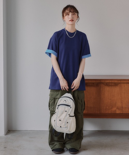 210nouve(トゥージュヌーブ)の「バイカラー ロールアップ Tシャツ(Tシャツ/カットソー・レディース・グレー/ベージュ/ネイビー・FREE)」の5枚目の写真