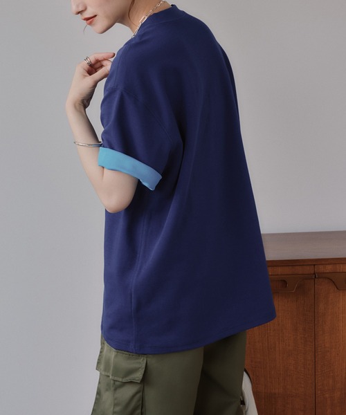 210nouve(トゥージュヌーブ)の「バイカラー ロールアップ Tシャツ(Tシャツ/カットソー・レディース・グレー/ベージュ/ネイビー・FREE)」の11枚目の写真