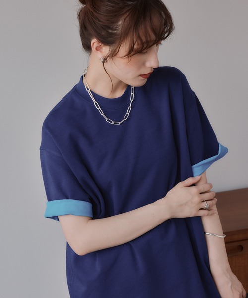 210nouve(トゥージュヌーブ)の「バイカラー ロールアップ Tシャツ(Tシャツ/カットソー・レディース・グレー/ベージュ/ネイビー・FREE)」の9枚目の写真