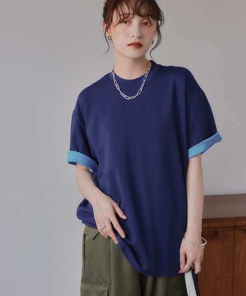 210nouve(トゥージュヌーブ)の「バイカラー ロールアップ Tシャツ(Tシャツ/カットソー・レディース・グレー/ベージュ/ネイビー・FREE)」の12枚目の写真