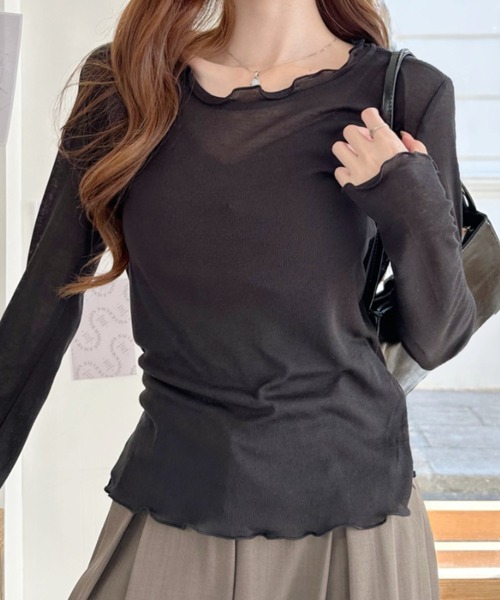 Ada.(エイダ)の「メロウフリル シアー ロングスリーブ カットソー(Tシャツ/カットソー・レディース・ブラック/ライトグリーン/グレー/アイボリー・FREE)」の2枚目の写真