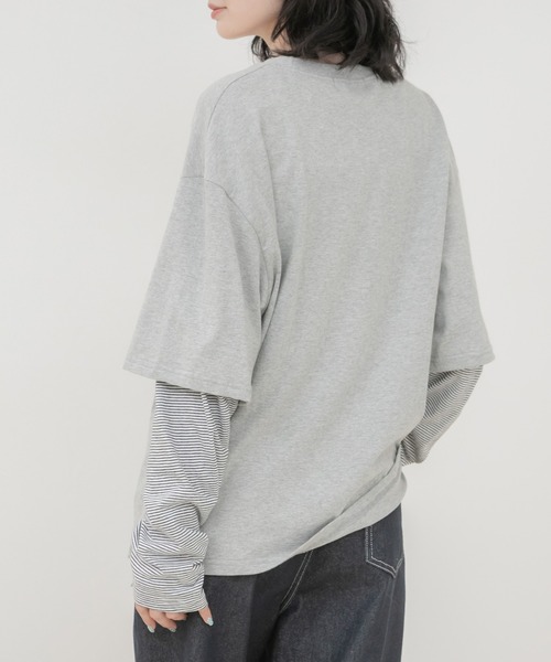 HEILIS(ヘイリス)の「フェイクレイヤードロングTシャツ/レイヤードTシャツ フェイクレイヤードTシャツ ロングTシャツ ロンT 長袖Tシャツ 半袖Tシャツ ボーダーTシャツ 重ね着風 オーバーサイズ トップス 韓国ファッション ストリート カジュアル ノームコア デイリー 春服 秋服 冬服 グレー ブラック(Tシャツ/カットソー・レディース・グレー/ブラック・FREE)」の18枚目の写真