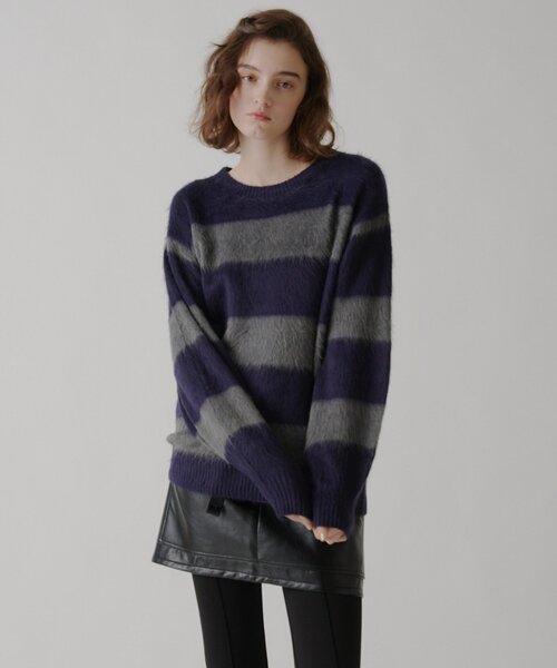 WHIMSIC（ウィムジック）の「【UNISEX】アンゴラブレンドボーダーニットプルオーバー（ニット/セーター・メンズ・ネイビー/ブラウン/ライトベージュ・FREE）」の3枚目の写真