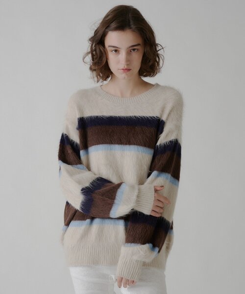 WHIMSIC（ウィムジック）の「【UNISEX】アンゴラブレンドボーダーニットプルオーバー（ニット/セーター・メンズ・ネイビー/ブラウン/ライトベージュ・FREE）」の2枚目の写真
