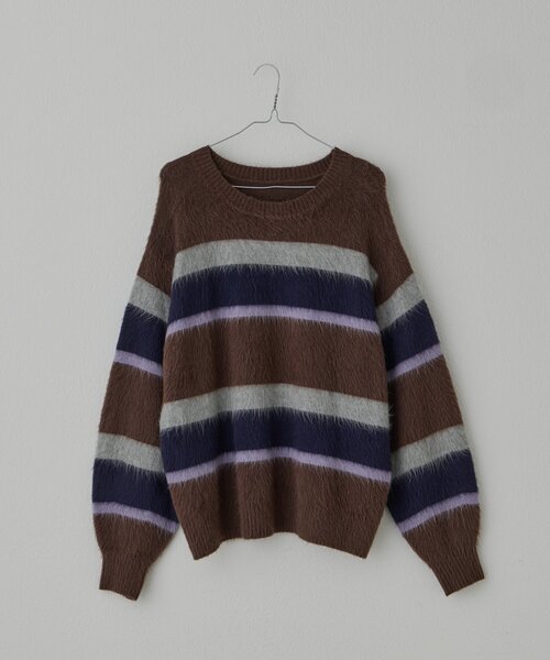 WHIMSIC（ウィムジック）の「【UNISEX】アンゴラブレンドボーダーニットプルオーバー（ニット/セーター・メンズ・ネイビー/ブラウン/ライトベージュ・FREE）」の7枚目の写真
