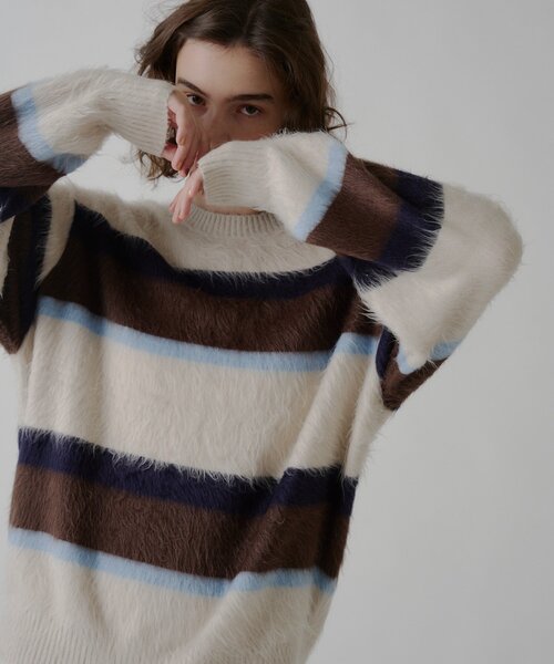 WHIMSIC（ウィムジック）の「【UNISEX】アンゴラブレンドボーダーニットプルオーバー（ニット/セーター・メンズ・ネイビー/ブラウン/ライトベージュ・FREE）」の16枚目の写真