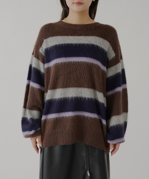 WHIMSIC（ウィムジック）の「【UNISEX】アンゴラブレンドボーダーニットプルオーバー（ニット/セーター・メンズ・ネイビー/ブラウン/ライトベージュ・FREE）」の12枚目の写真
