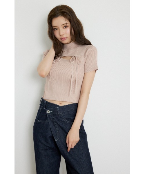 rienda(リエンダ)の「ウォッシャブルリボンハーフスリーブニットトップス 夏服 秋服(ニット/セーター・レディース・ブラック/アイボリー/ピンク・FREE)」の1枚目の写真